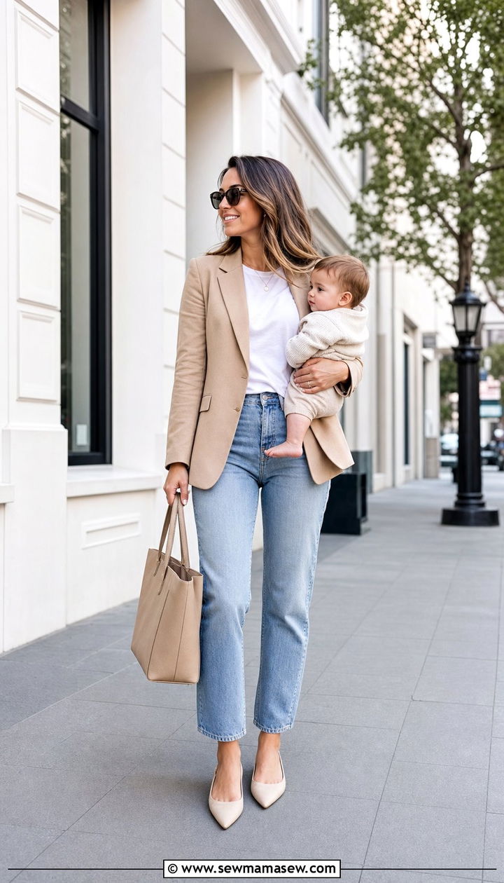 Blazer with Jeans and a White Tee - 25 classy outfits for new moms