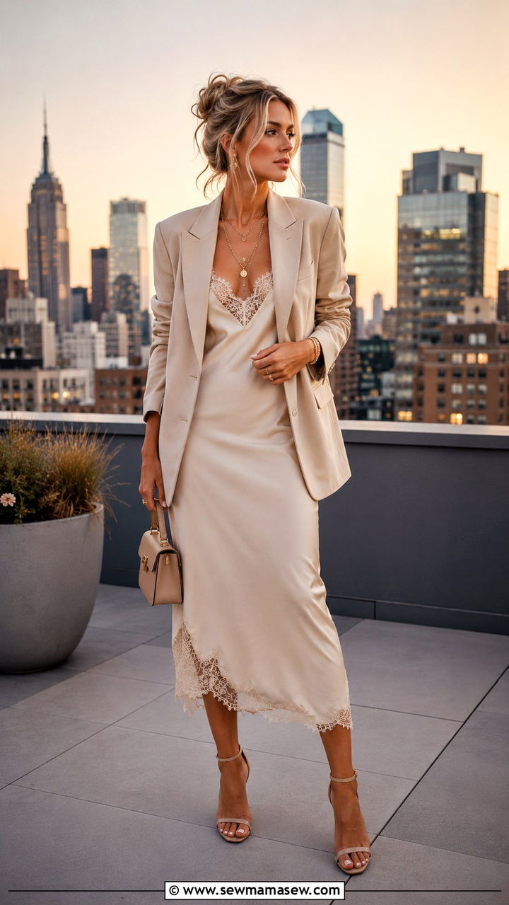 Blazer with Lace Slip Dress - 30 classy boho chic outfits