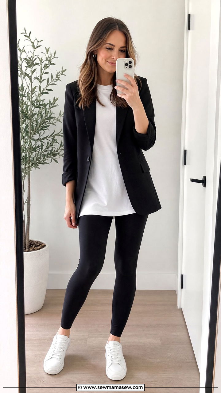 Blazer with Leggings and a Long Line Tee with Sneakers - 25 chic blazer outfit ideas