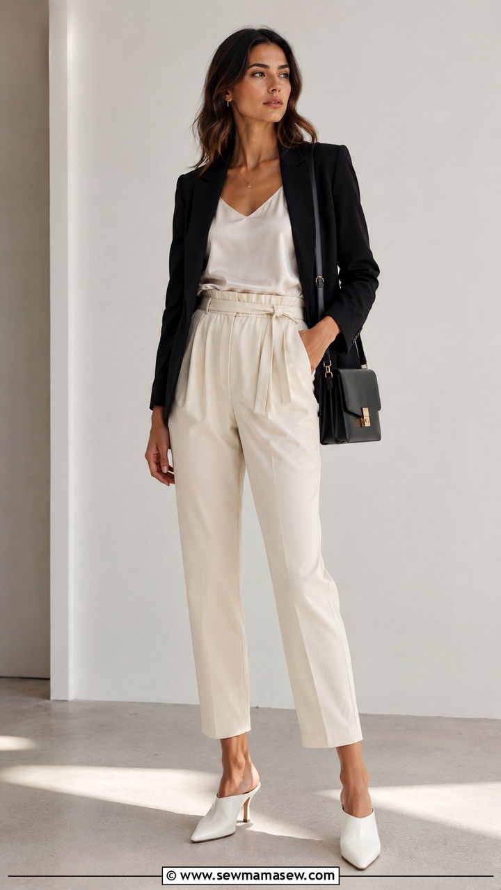 Blazer with Paperbag Waist Trousers and Mules Outfit - 30 transitional blazer outfit ideas