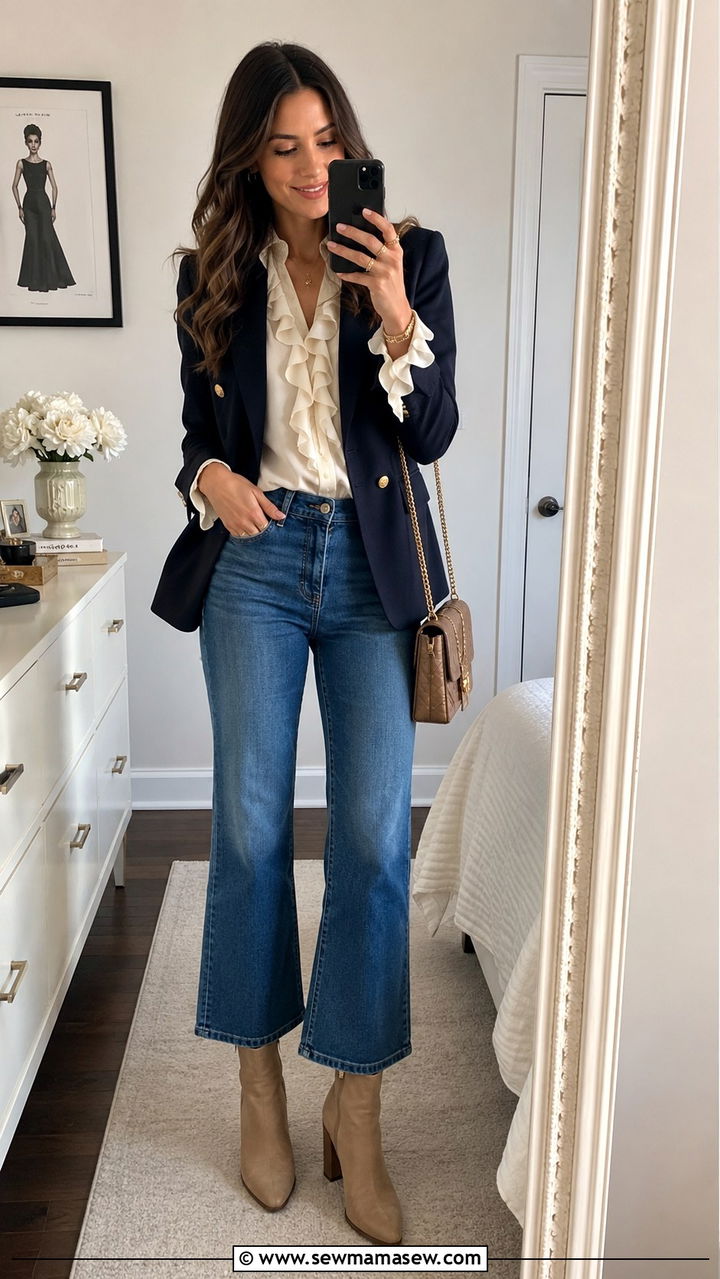 Blazer with Ruffled Blouse and Cropped Flare Jeans Outfit - 30 transitional blazer outfit ideas