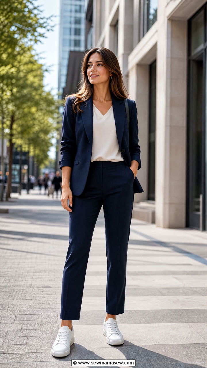 Blazer with Straight Leg Trousers and White Sneakers - 25 Business casual outfits with sneakers