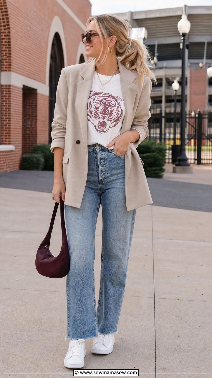 Blazer with Team Tee and Straight Jeans - 35 Gameday outfit ideas college