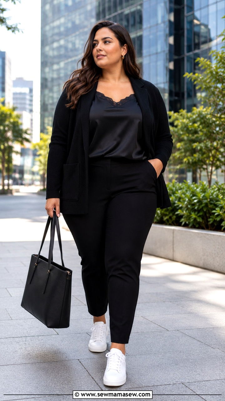 Blazer with Trousers and Sneakers - 30 Plus size outfit ideas for travel