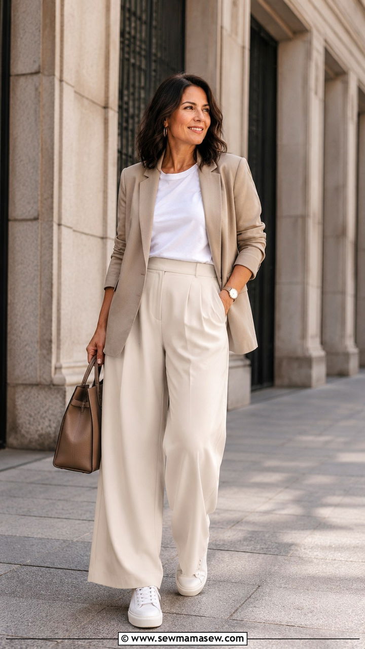 Blazer with Wide Leg Trousers and Sneakers - 30 transitional midsize outfit ideas