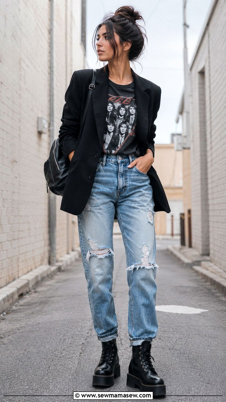 Blazer with a Graphic Tee and Distressed Jeans - 30 how to style blazer outfits
