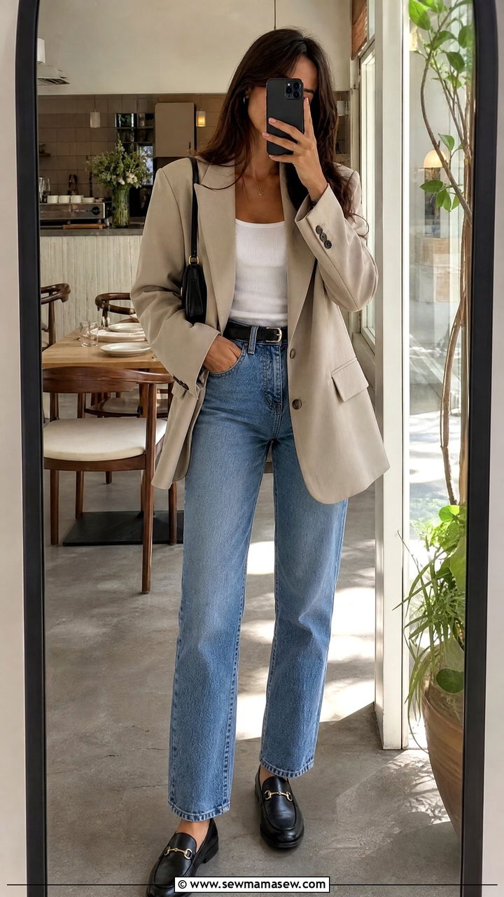 Blazer with a Tank Top and Straight Leg Jeans - 30 Girls brunch outfit ideas