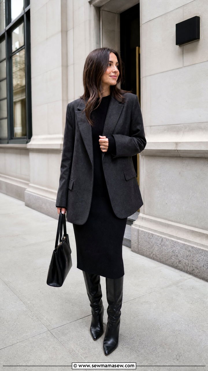 Blazer with a knit dress and knee high boots - 35 how to style blazer