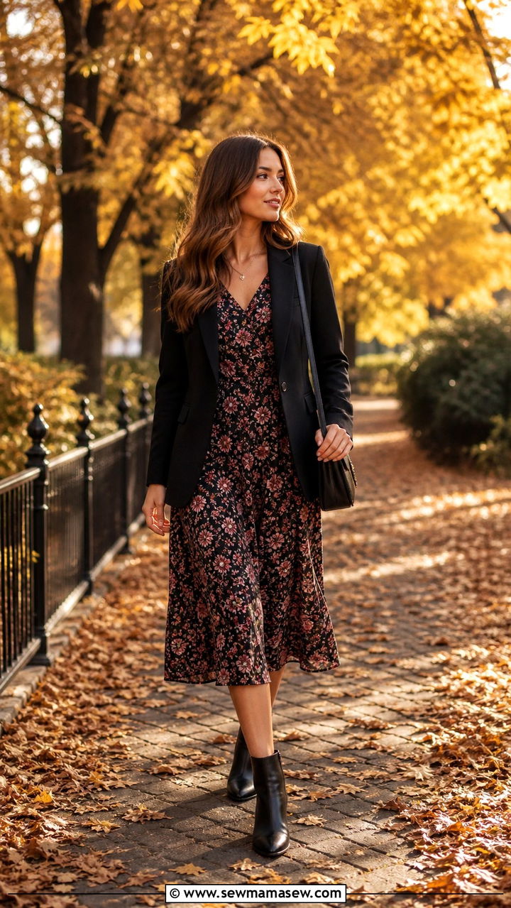 Blazer with a midi dress and ankle boots - 40 blazer outfits for women
