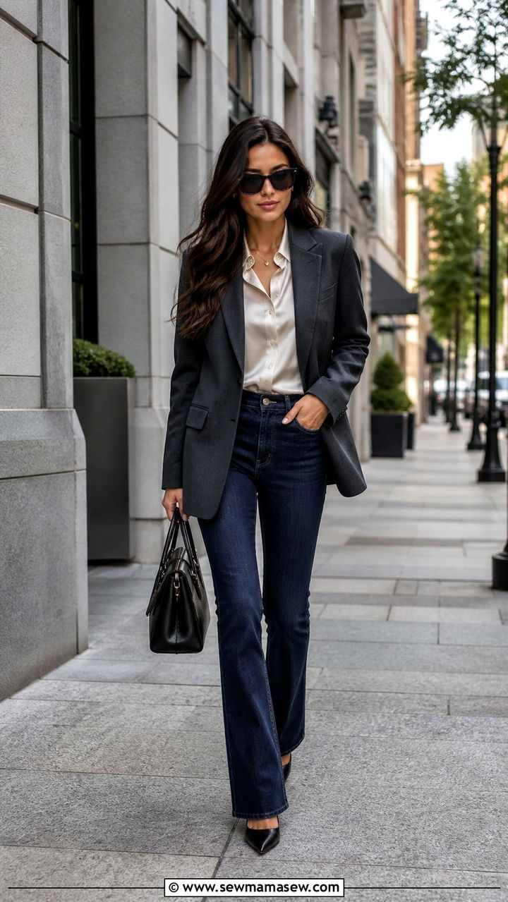 Blazer with bootcut jeans and pointed toe heels - 40 cute blazer outfits