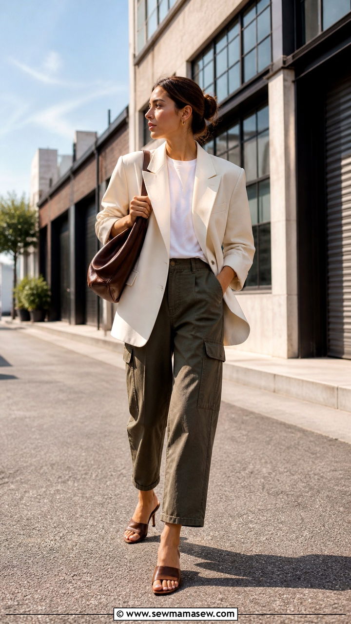 Blazer with cargo pants and heeled mules - 40 cute blazer outfits