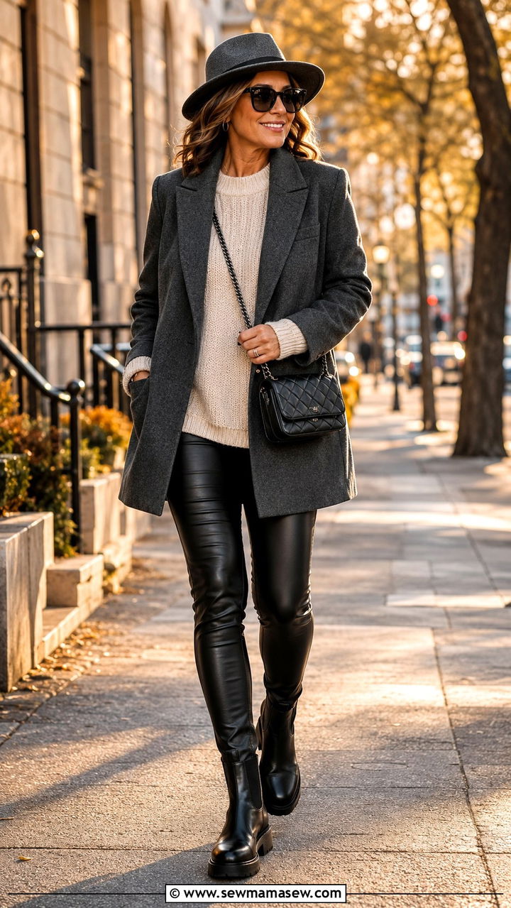 Blazer with faux leather leggings outfit over 40 - 30 How to style a blazer over 40