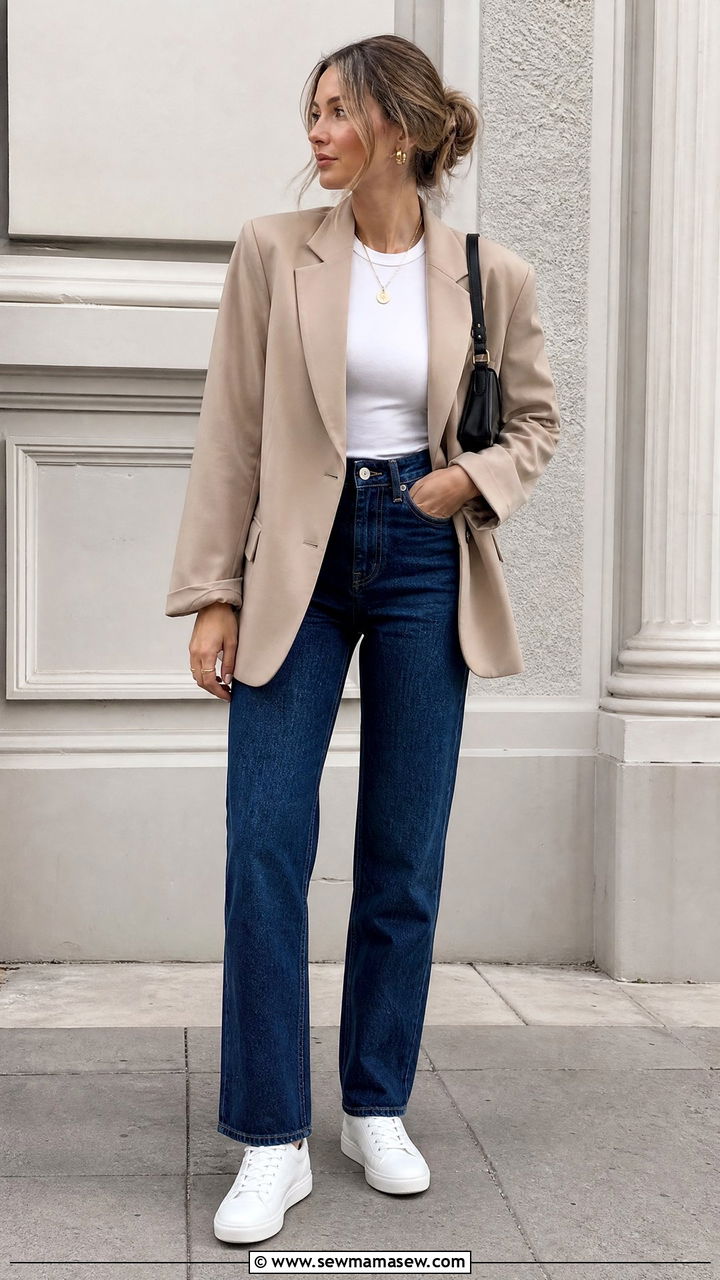 Blazer with high waisted jeans and white sneakers - 25 High waisted jeans outfit ideas with white sneakers