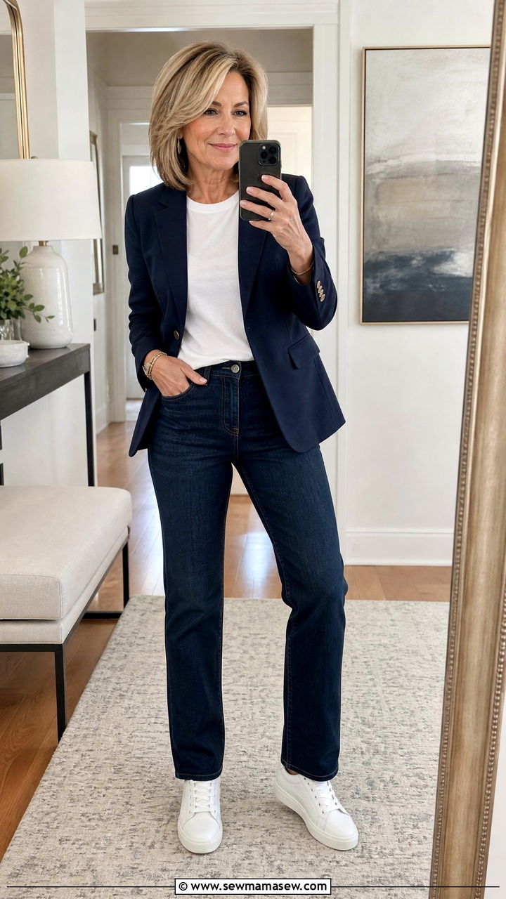 Blazer with jeans and sneakers outfit - 35 Jeans and sneakers outfit ideas over 50