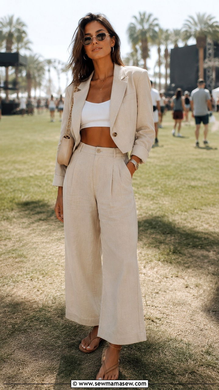 Blazer with linen pants and crop top look - 25 Wide leg linen pants outfit ideas with a blazer