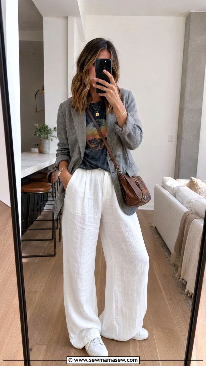 Blazer with linen pants and graphic tee look - 25 Wide leg linen pants outfit ideas with a blazer