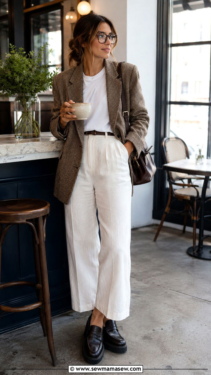 Blazer with linen pants and loafers outfit - 25 Wide leg linen pants outfit ideas with a blazer