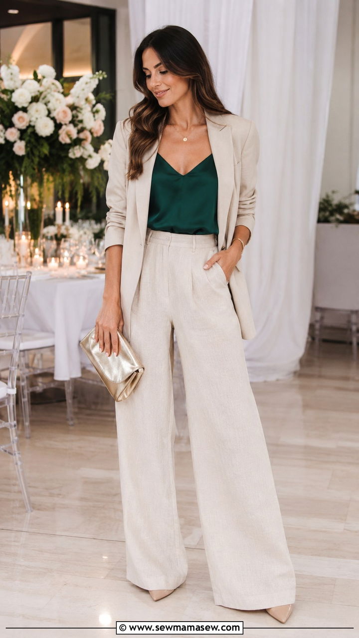 Blazer with linen pants and silk camisole outfit - 25 Wide leg linen pants outfit ideas with a blazer