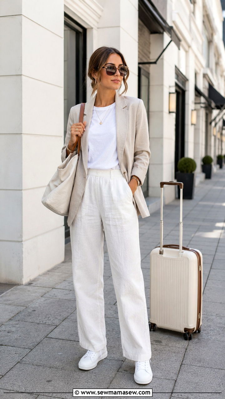 Blazer with linen pants and white sneakers outfit - 25 Wide leg linen pants outfit ideas with a blazer