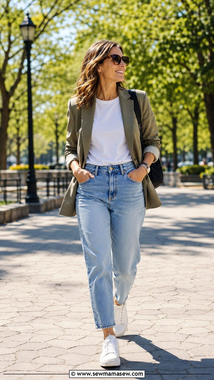 Blazer with mom jeans and white sneakers - 20 Jeans and blazer outfit ideas over 40