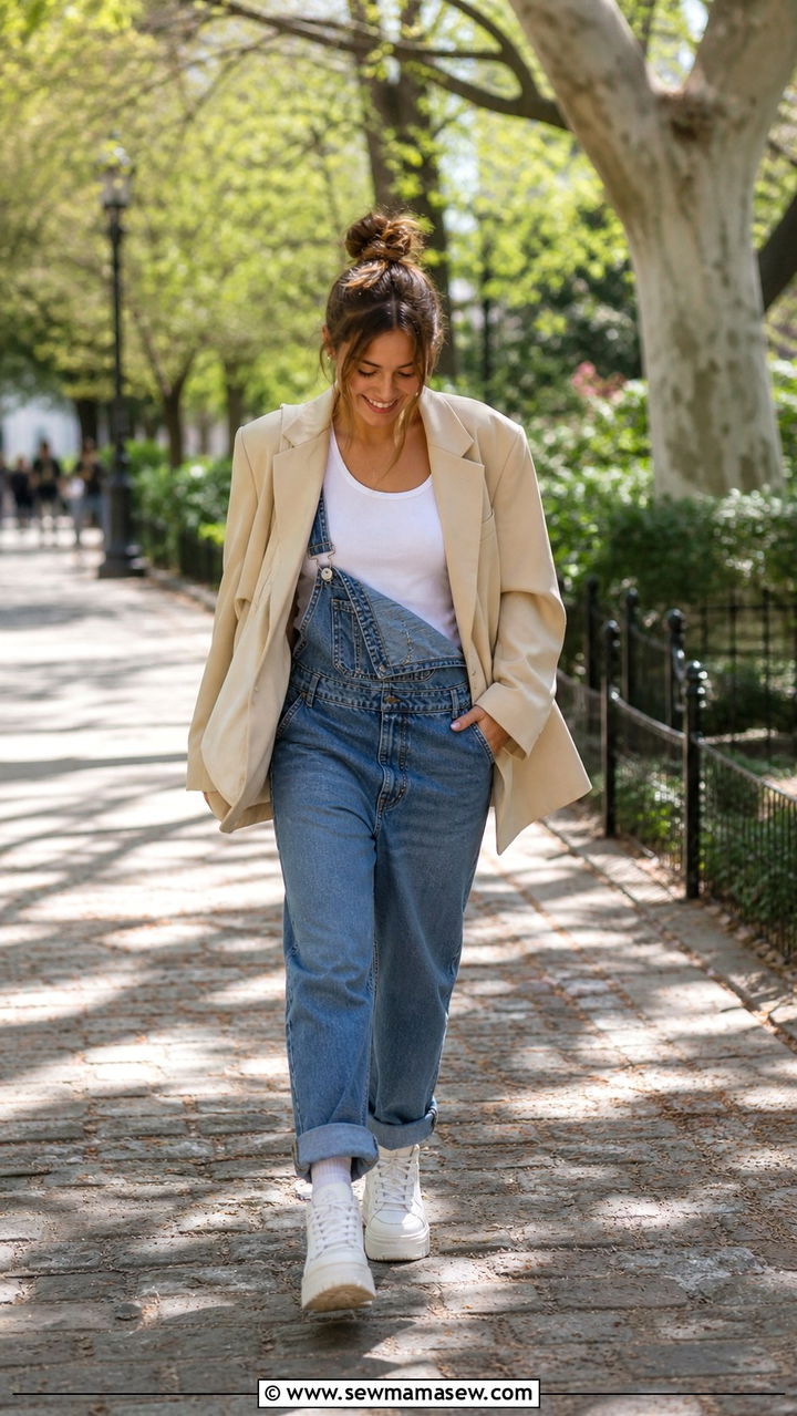 Blazer with overalls and sneakers - 40 cute blazer outfits