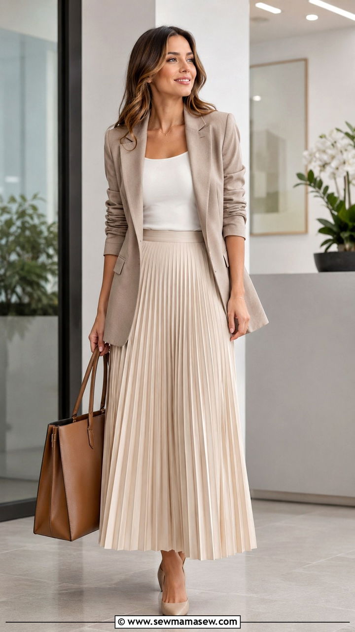 Blazer with pleated maxi skirt - 30 Spring outfits with maxi skirts