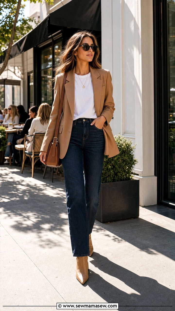 Blazer with straight leg jeans and heeled booties brunch look - 35 Brunch outfits for tall women