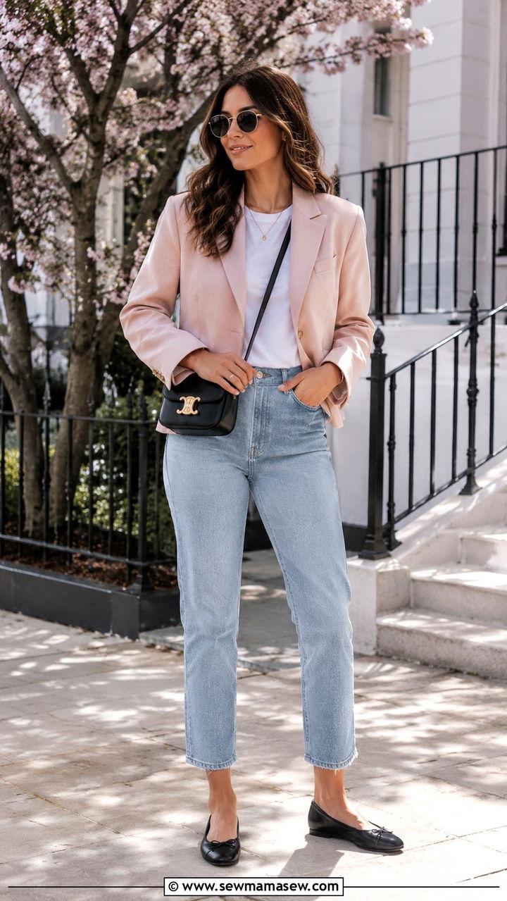 Blazer with straight leg jeans and sneakers - 30 Straight leg jeans outfit ideas with a blazer