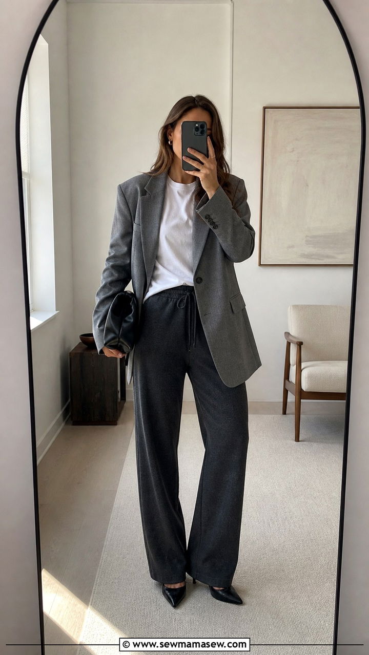 Blazer with sweatpants and pointed toe heels - 40 cute blazer outfits