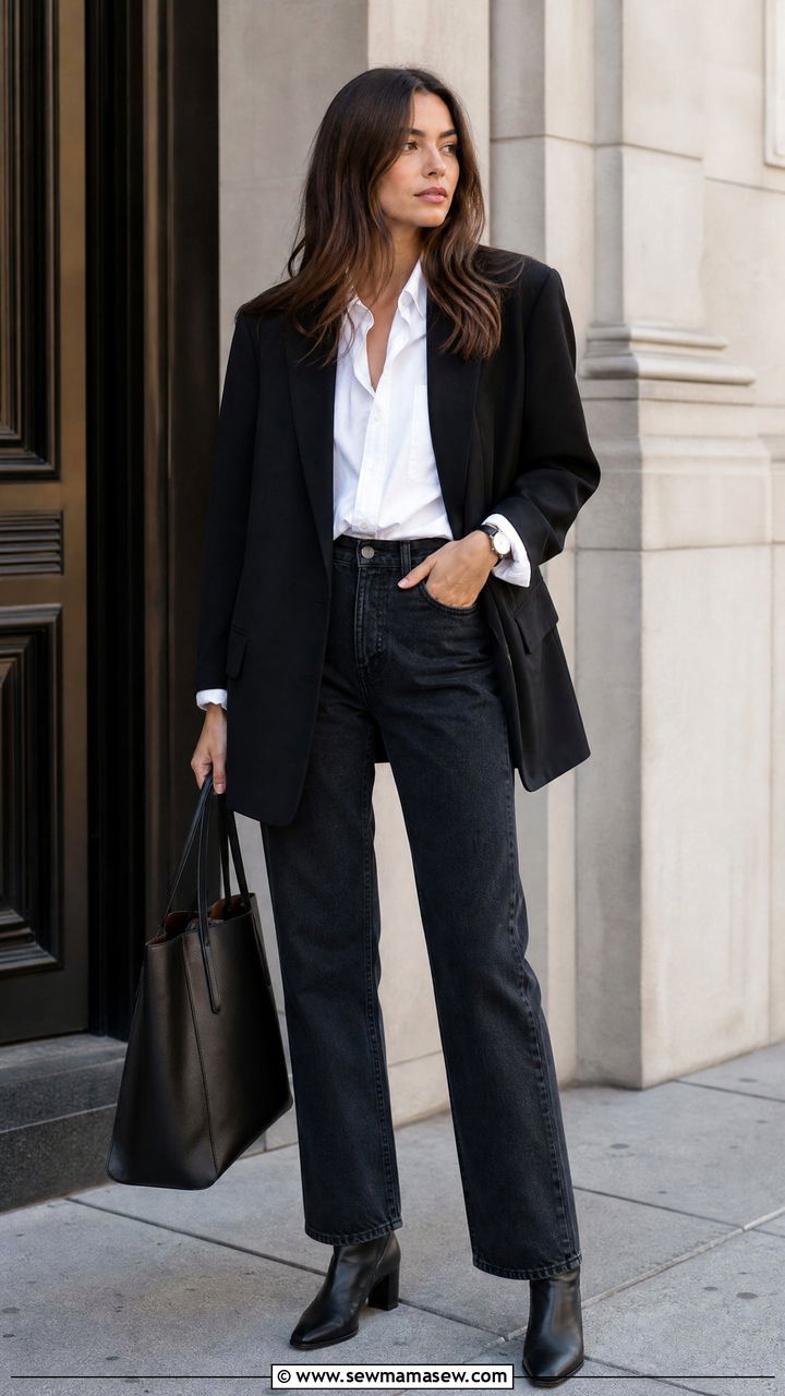 Blazer with white button down and dark denim jeans - 30 summer to fall outfits for women