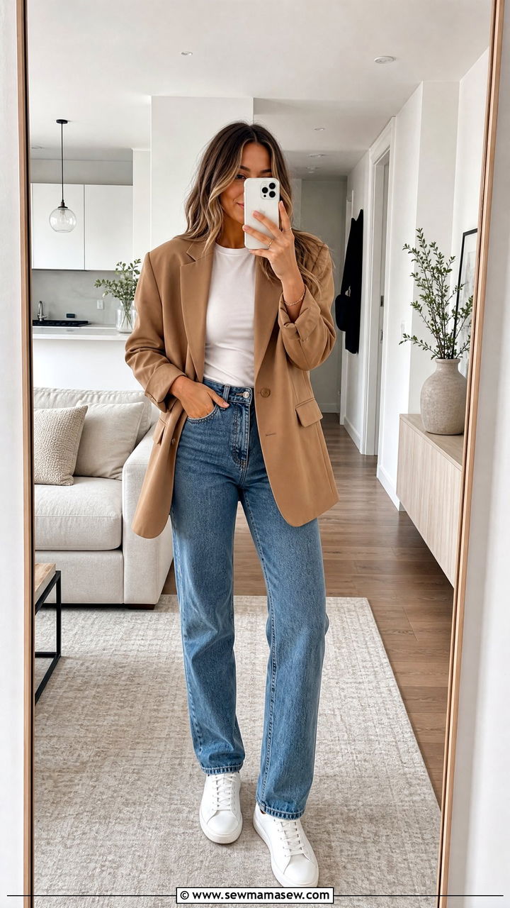 Blazer with white tee and straight leg jeans - 35 Layering outfits for changing weather