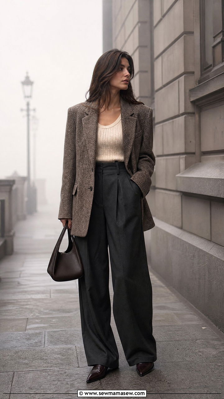 Blazer with wide leg trousers and a knit top - 25 Foggy day outfit ideas