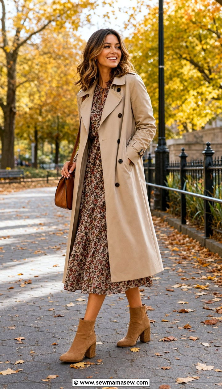 Block Heel Ankle Boots with Midi Dress and Trench Coat - 35 block heel outfit ideas