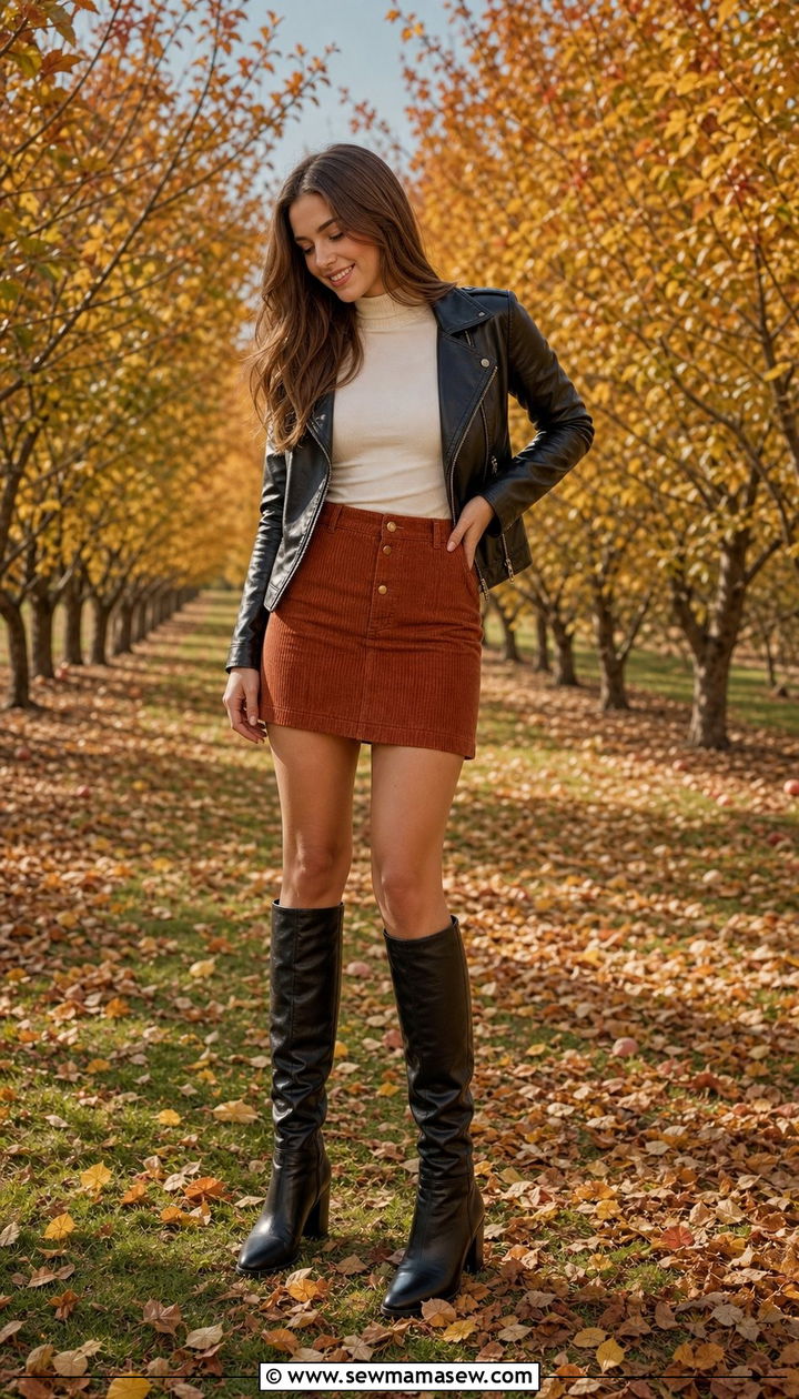 Block Heel Knee High Boots with Corduroy Mini Skirt - 35 block heel outfit ideas