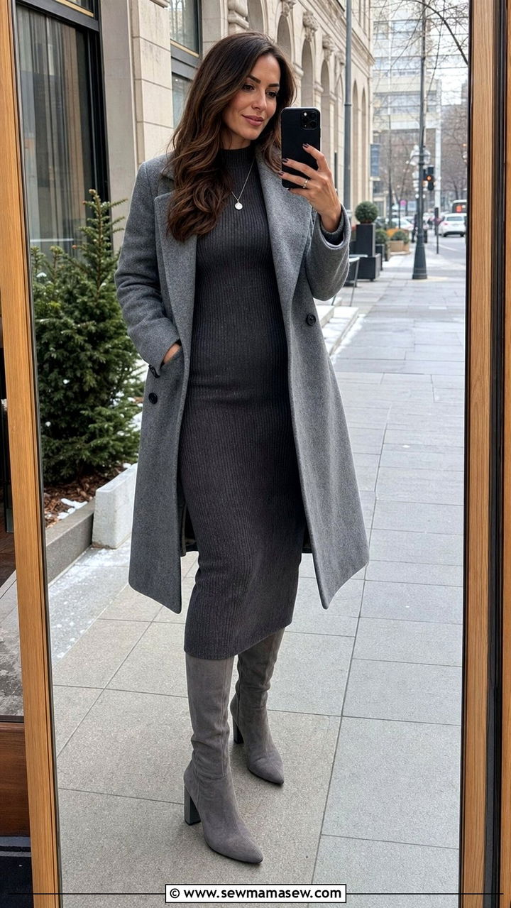 Block Heel Knee High Boots with Ribbed Knit Dress - 35 block heel outfit ideas