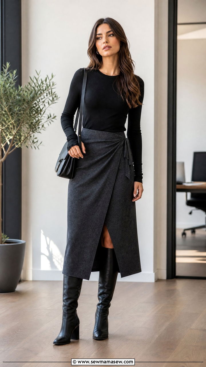 Block Heel Knee High Boots with a Wrap Skirt - 25 Knee high boots outfit ideas with a skirt