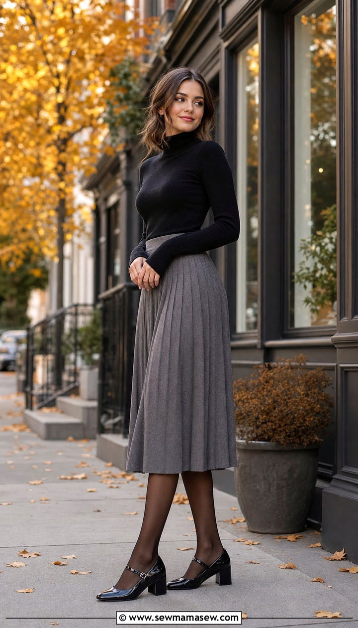 Block Heel Mary Janes with Pleated Midi Skirt - 35 block heel outfit ideas