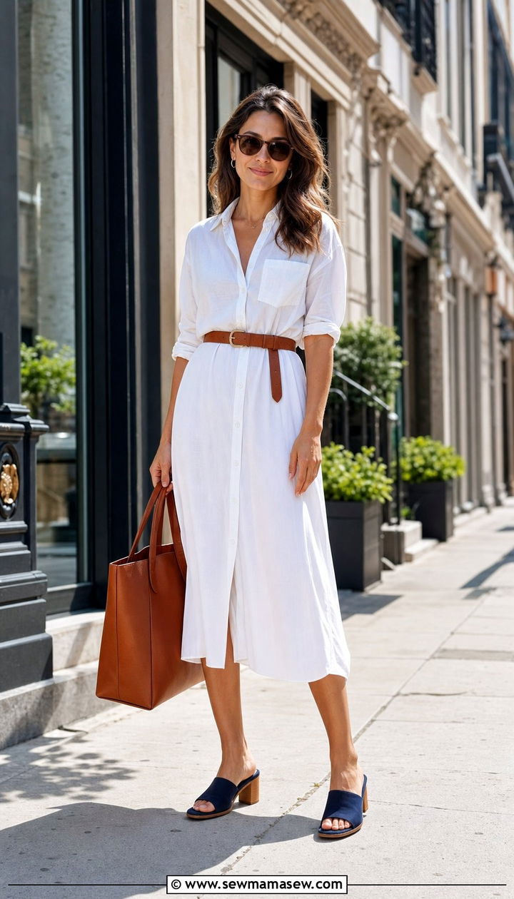 Block Heel Mules with Cotton Midi Dress - 35 block heel outfit ideas