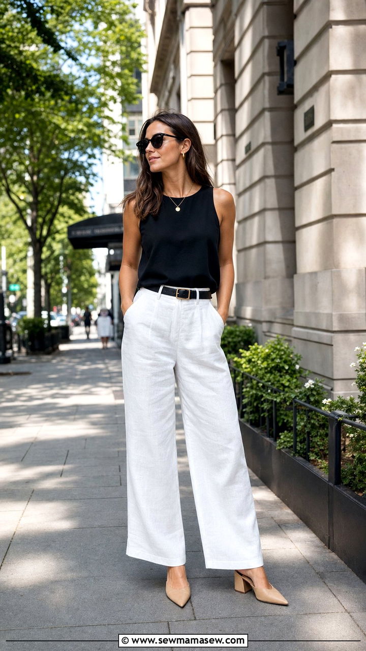 Block Heel Mules with Linen Wide Leg Trousers - 35 block heel outfit ideas