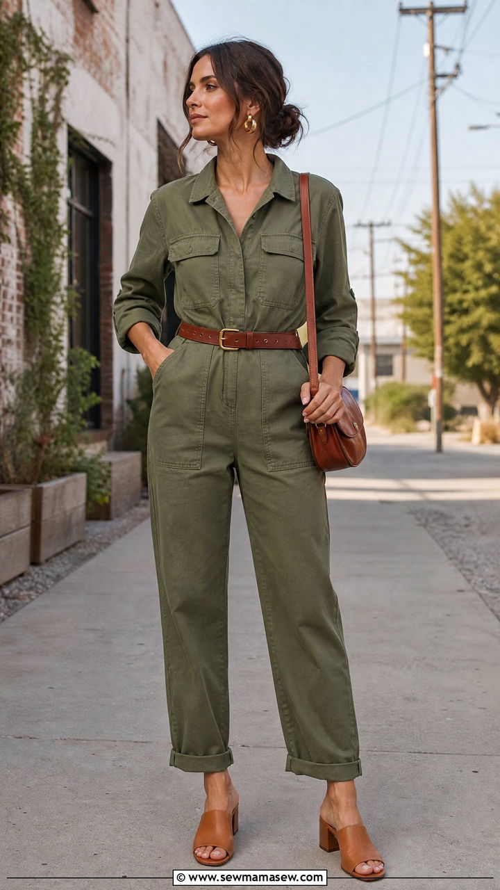 Block Heel Mules with Utility Jumpsuit - 30 Summer outfits with mules