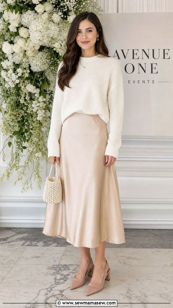 Block Heel Slingbacks with A Line Satin Midi Skirt - 35 block heel outfit ideas
