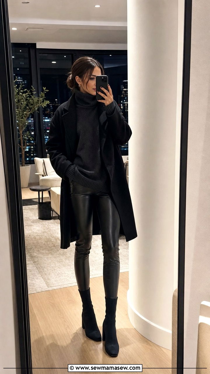 Block Heel Sock Boots with Faux Leather Leggings - 35 block heel outfit ideas