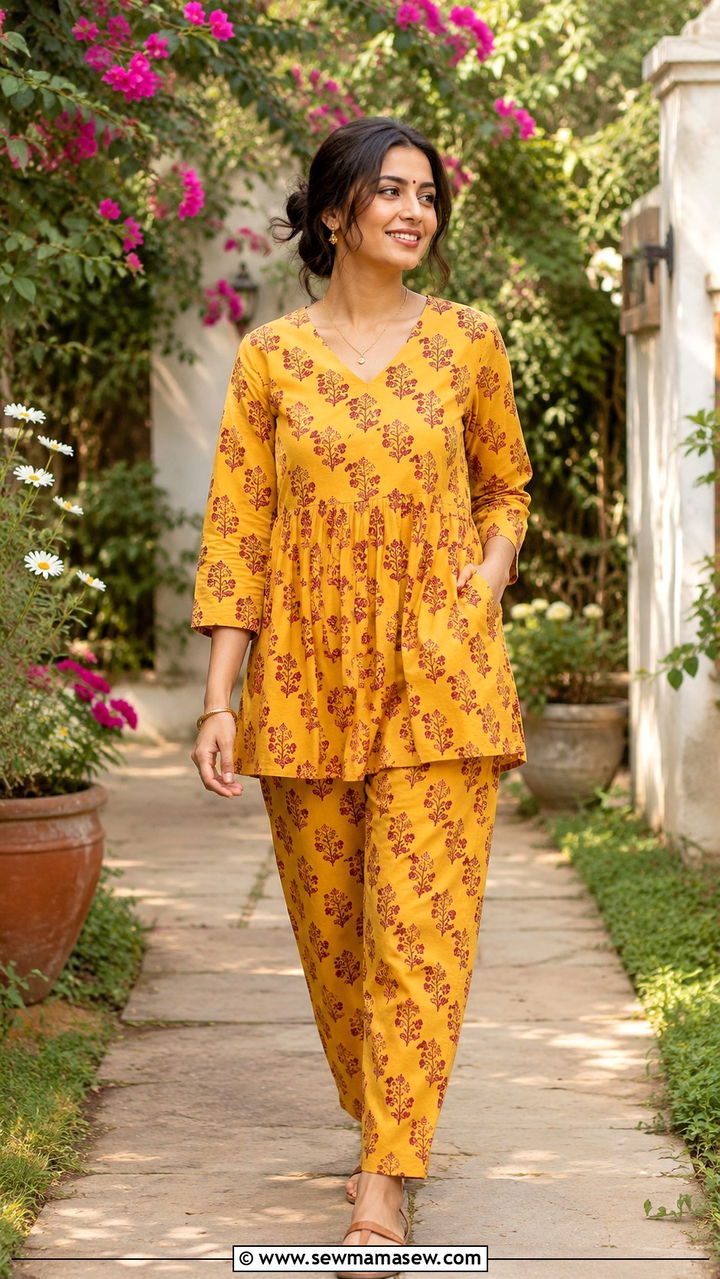 Block Print Co Ord Set in Mustard and Red - 25 Wedding guest outfit ideas Mehndi ceremony