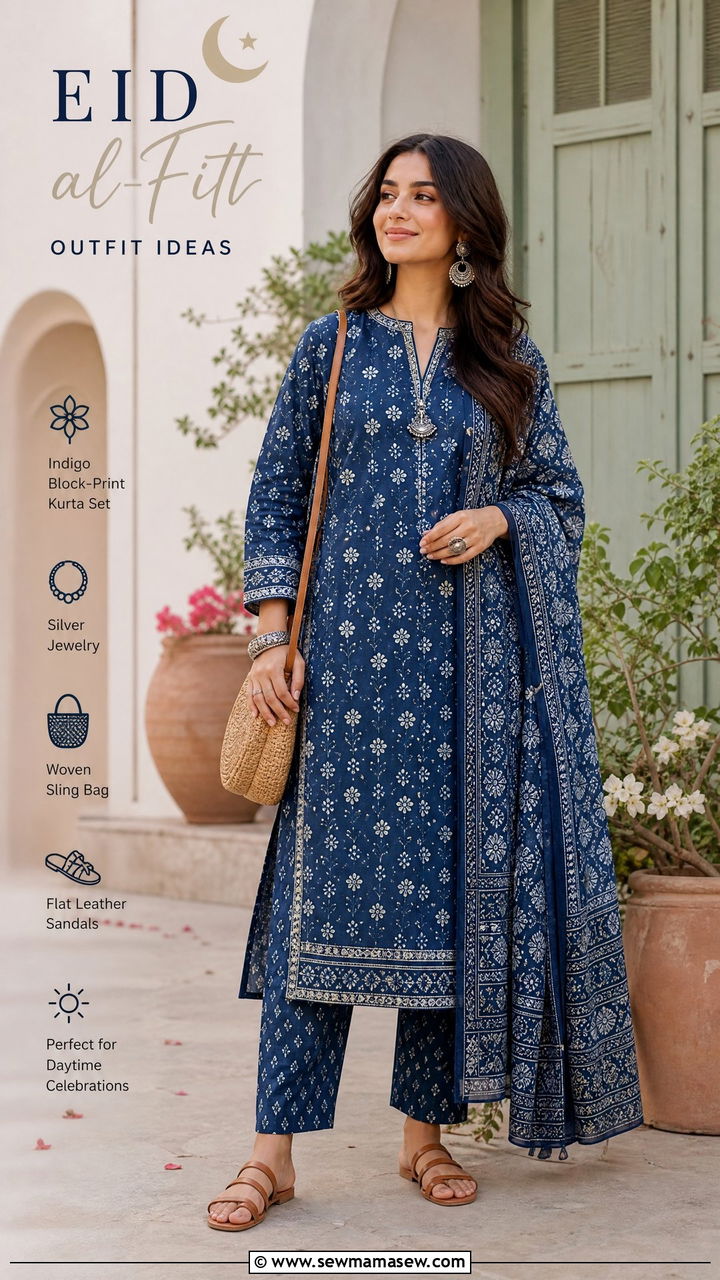 Block Print Kurta with Straight Trousers - 30 Eid al Fitr outfit ideas