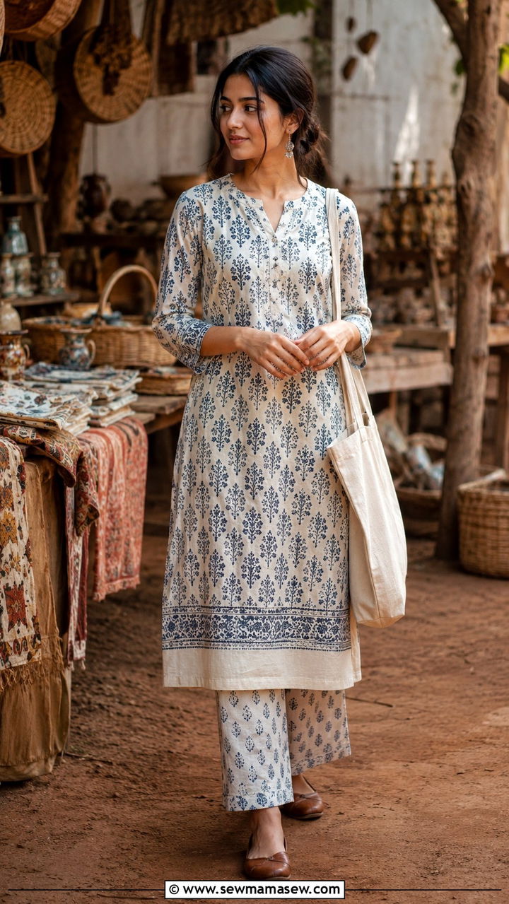 Block Print Kurti with Pajama Pants - 20 Faisalabad outfit ideas