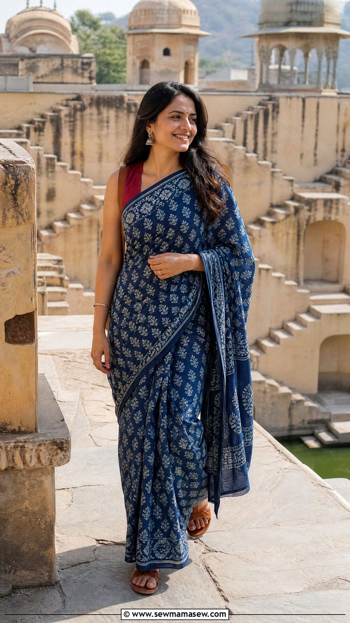 Block Printed Cotton Saree with Kolhapuri Sandals - 25 Jaipur outfit ideas