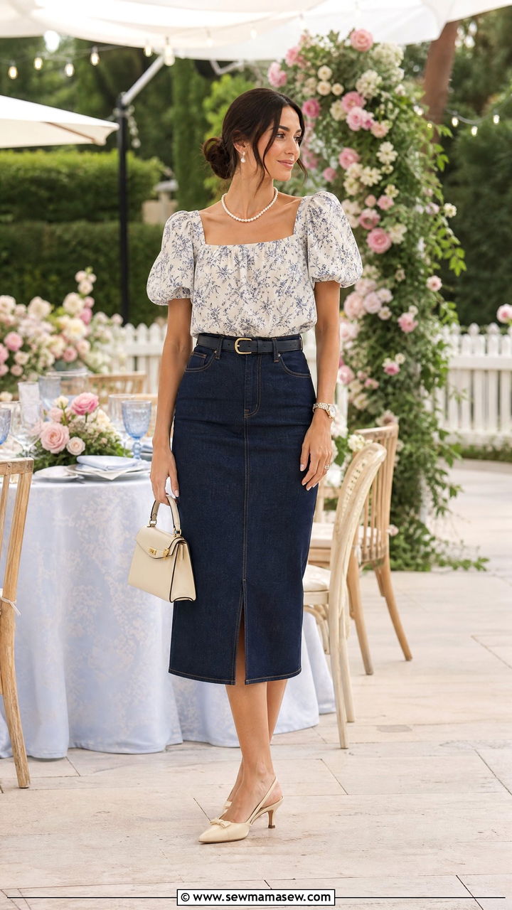 Blouse And Kitten Heels With A Denim Skirt - 35 How to style a denim skirt