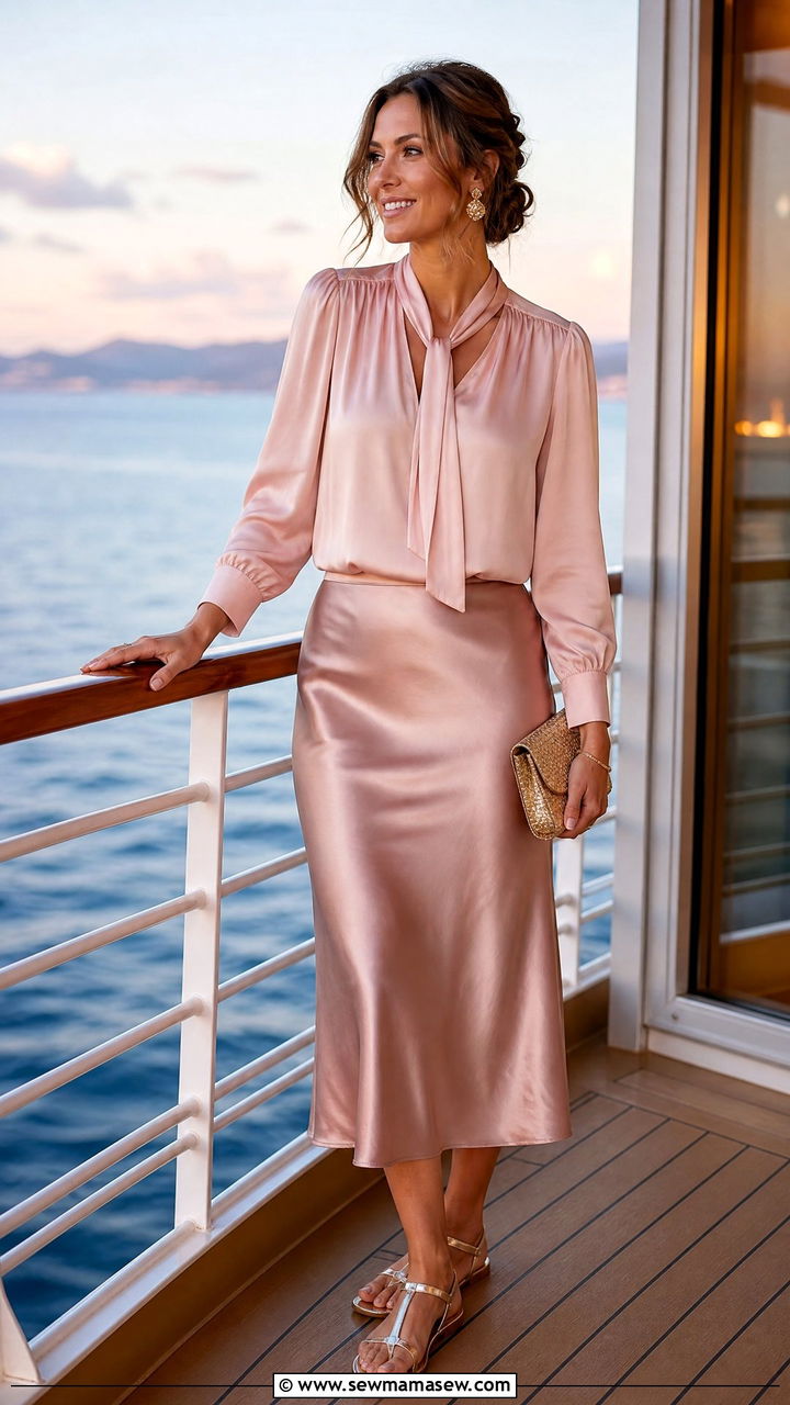 Blouse and midi skirt cruise smart casual look - 25 Royal Caribbean cruise outfit ideas
