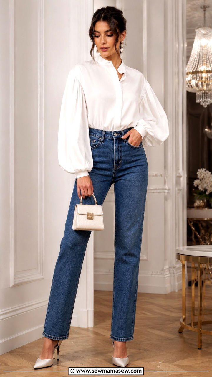 Blouse with Statement Sleeves and Non Distressed Jeans Outfit - 30 Non distressed jeans outfit ideas