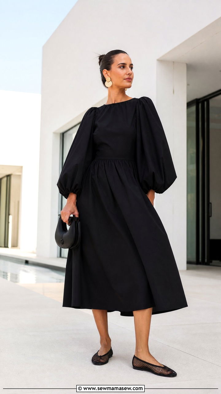 Blouson Sleeve Midi Dress With Mesh Flats - 30 summer midi dress outfit ideas